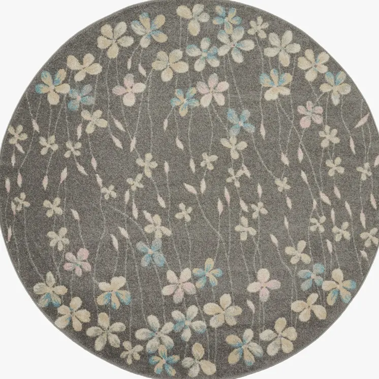5' Beige And Gray Floral Round Rug
