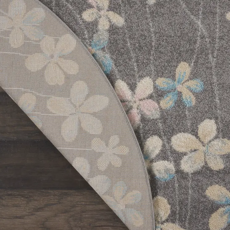 5' Beige And Gray Floral Round Rug