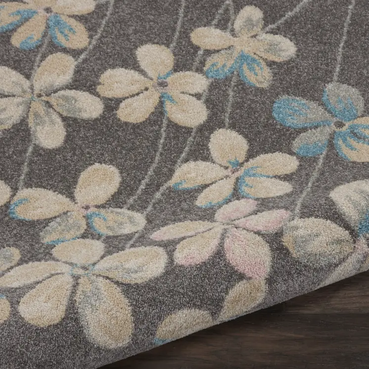 5' Beige And Gray Floral Round Rug