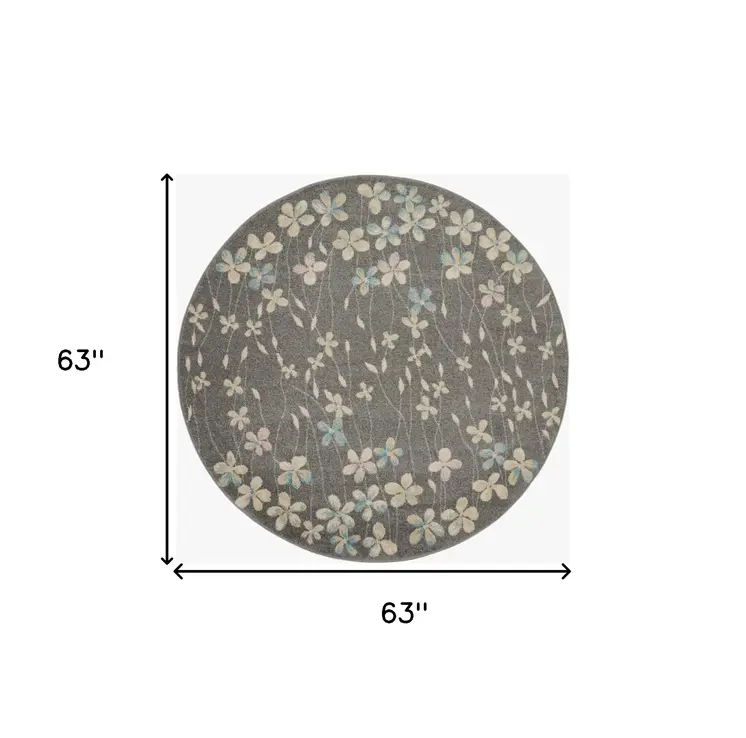 5' Beige And Gray Floral Round Rug