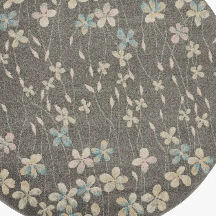 5' Beige And Gray Floral Round Rug