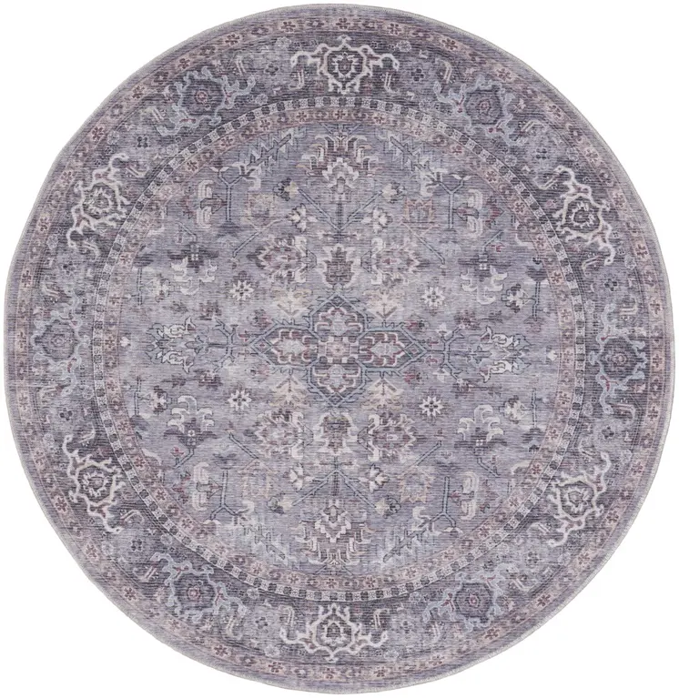 5' Gray and Beige Round Floral Power Loom Distressed Area Rug