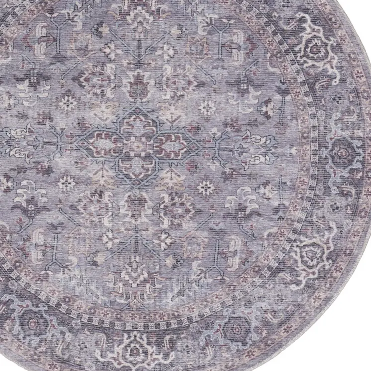 5' Gray and Beige Round Floral Power Loom Distressed Area Rug