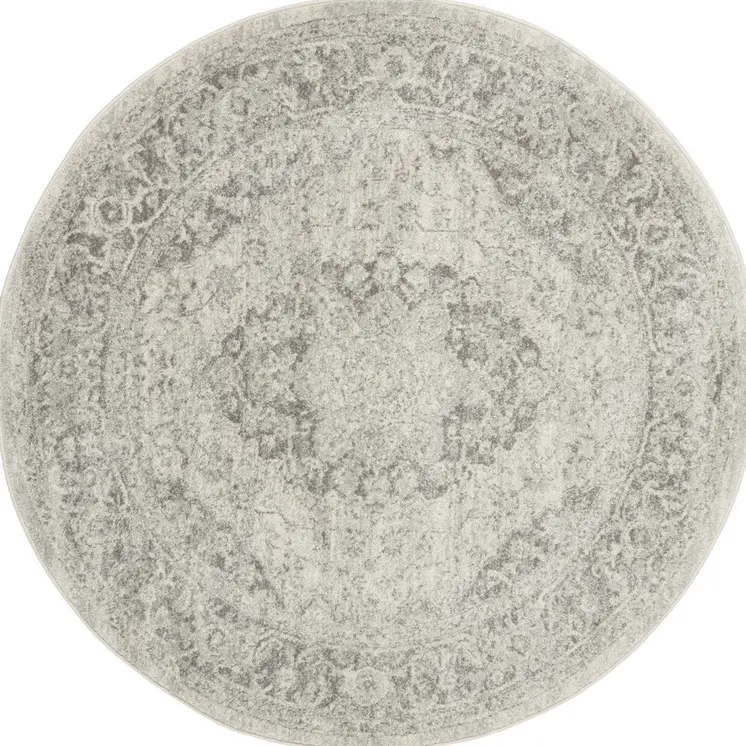 5' Ivory And Gray Floral Medallion Distressed Round Rug