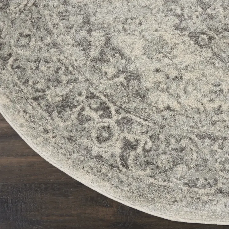 5' Ivory And Gray Floral Medallion Distressed Round Rug