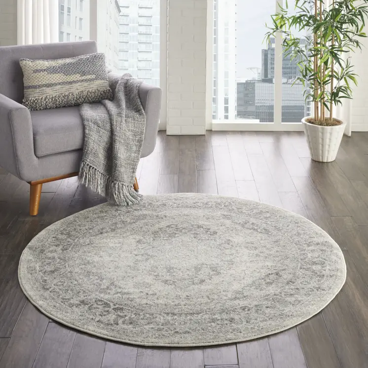 5' Ivory And Gray Floral Medallion Distressed Round Rug