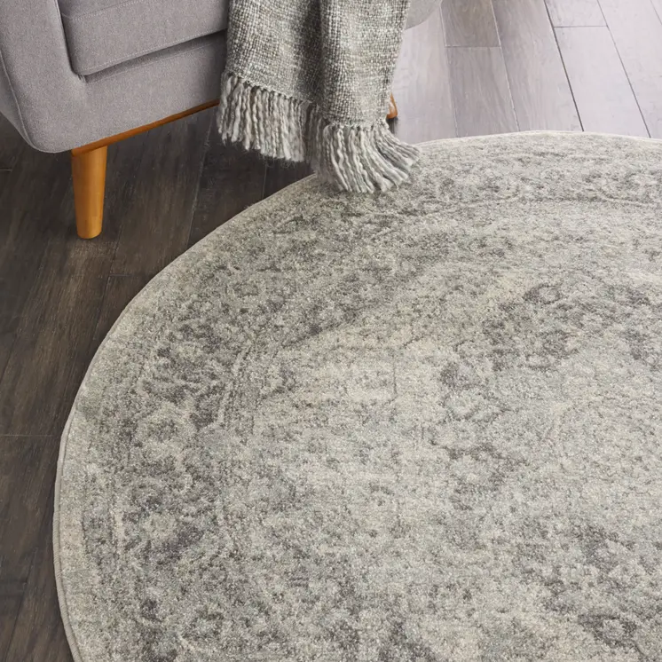5' Ivory And Gray Floral Medallion Distressed Round Rug