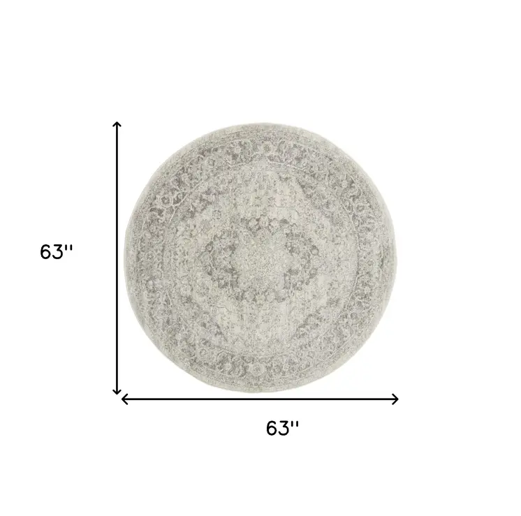 5' Ivory And Gray Floral Medallion Distressed Round Rug