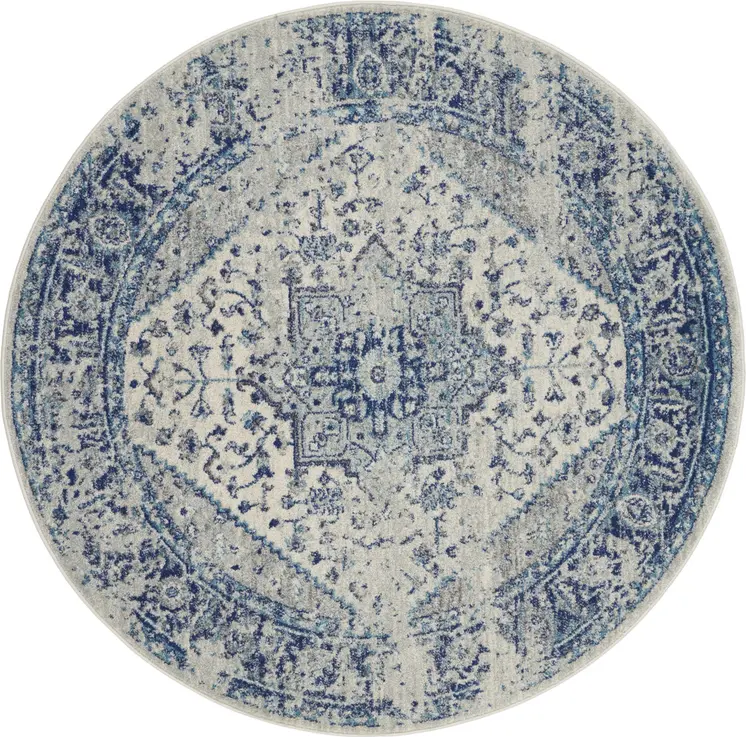 5' Ivory And Light Blue Floral Medallion Distressed Round Rug
