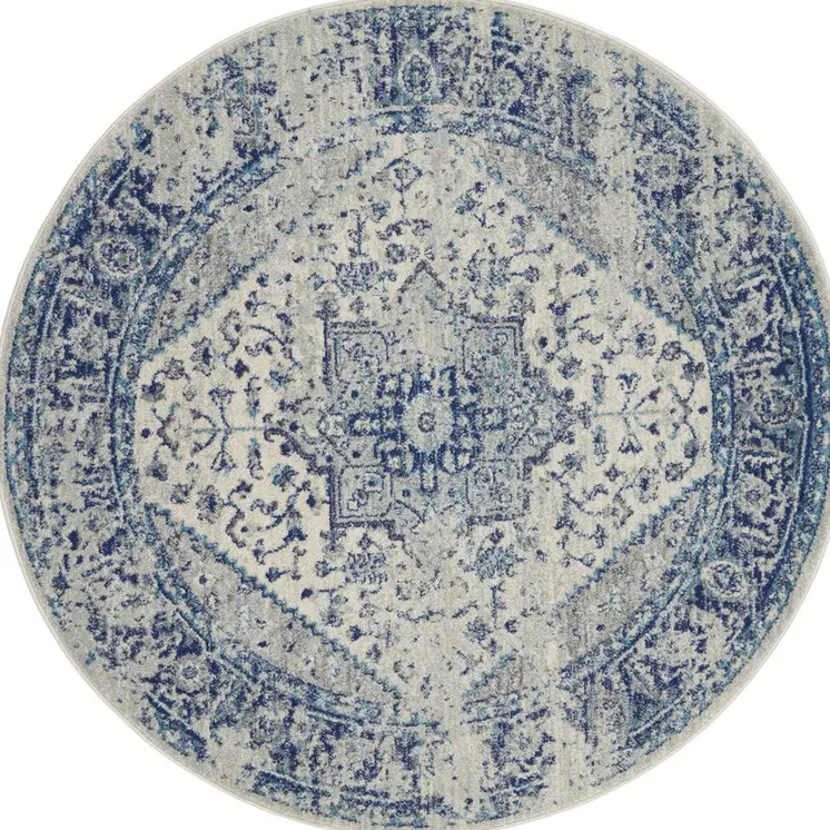 5' Ivory And Light Blue Floral Medallion Distressed Round Rug