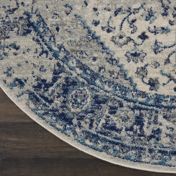 5' Ivory And Light Blue Floral Medallion Distressed Round Rug