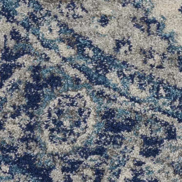 5' Ivory And Light Blue Floral Medallion Distressed Round Rug