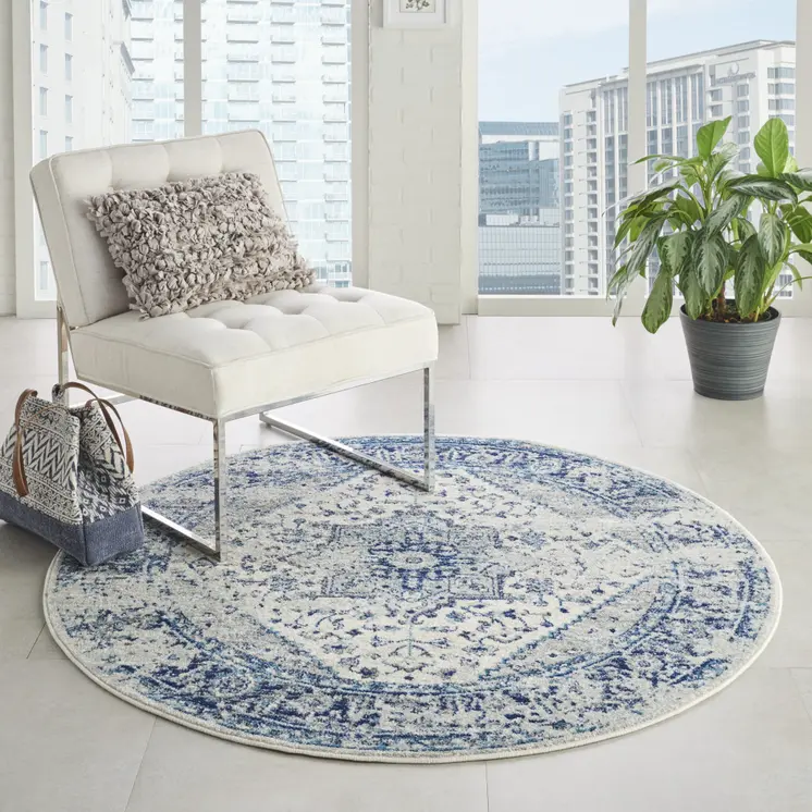 5' Ivory And Light Blue Floral Medallion Distressed Round Rug