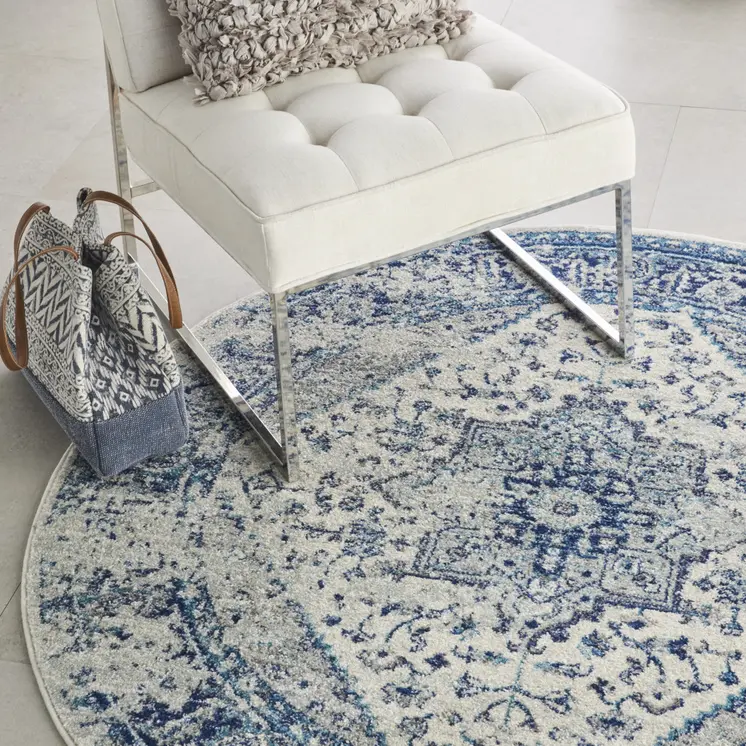 5' Ivory And Light Blue Floral Medallion Distressed Round Rug