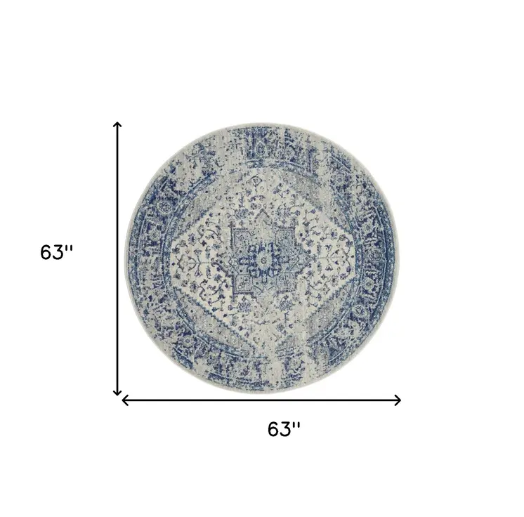 5' Ivory And Light Blue Floral Medallion Distressed Round Rug