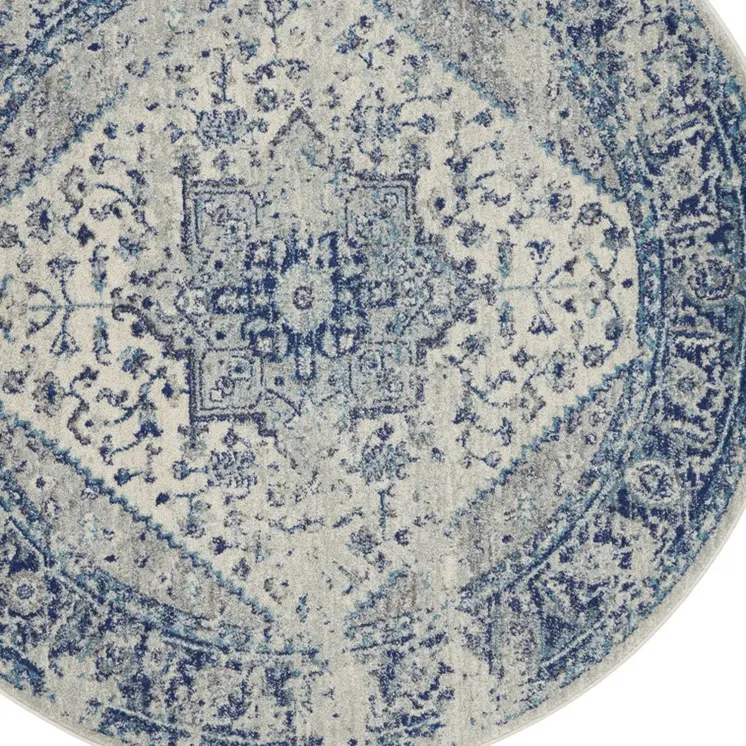 5' Ivory And Light Blue Floral Medallion Distressed Round Rug