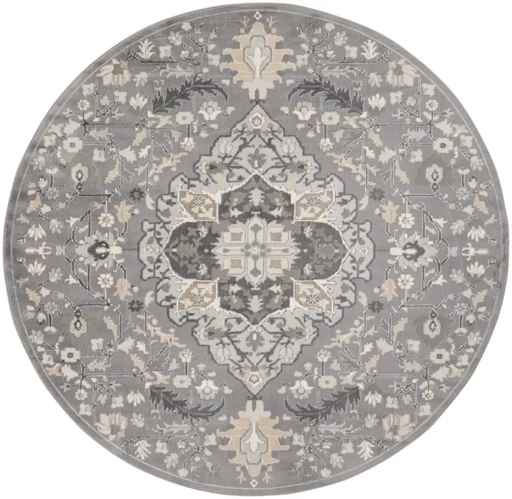 5' Ivory Black and Gray Floral Medallion Non Skid Round Rug