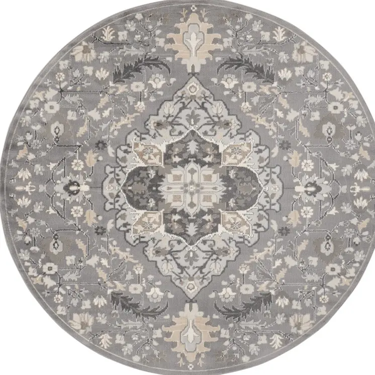 5' Ivory Black and Gray Floral Medallion Non Skid Round Rug
