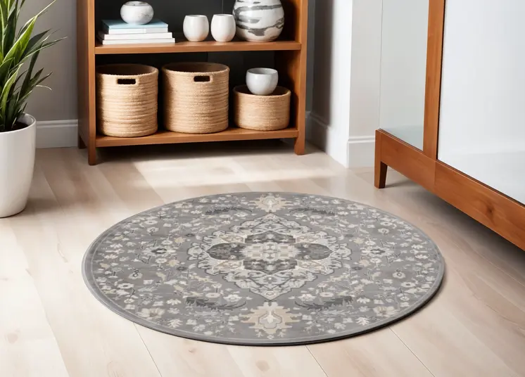 5' Ivory Black and Gray Floral Medallion Non Skid Round Rug