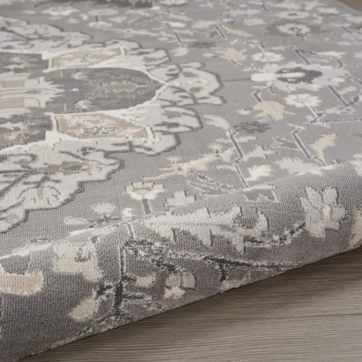 5' Ivory Black and Gray Floral Medallion Non Skid Round Rug