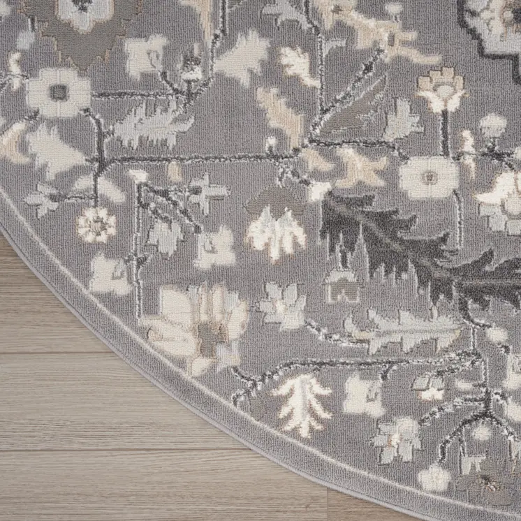 5' Ivory Black and Gray Floral Medallion Non Skid Round Rug