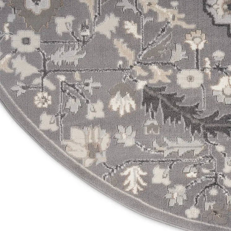 5' Ivory Black and Gray Floral Medallion Non Skid Round Rug