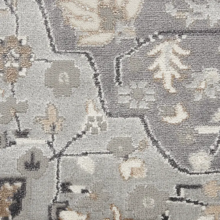 5' Ivory Black and Gray Floral Medallion Non Skid Round Rug