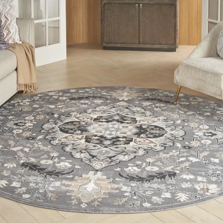 5' Ivory Black and Gray Floral Medallion Non Skid Round Rug