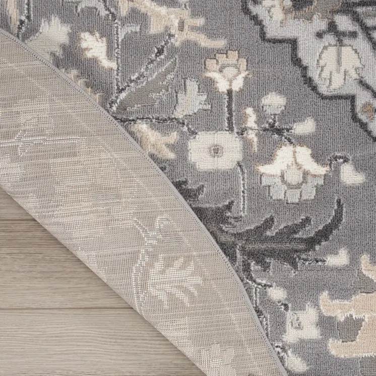 5' Ivory Black and Gray Floral Medallion Non Skid Round Rug