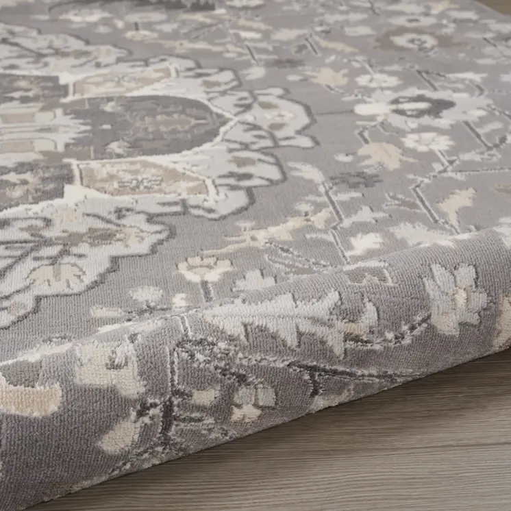 5' Ivory Black and Gray Floral Medallion Non Skid Round Rug