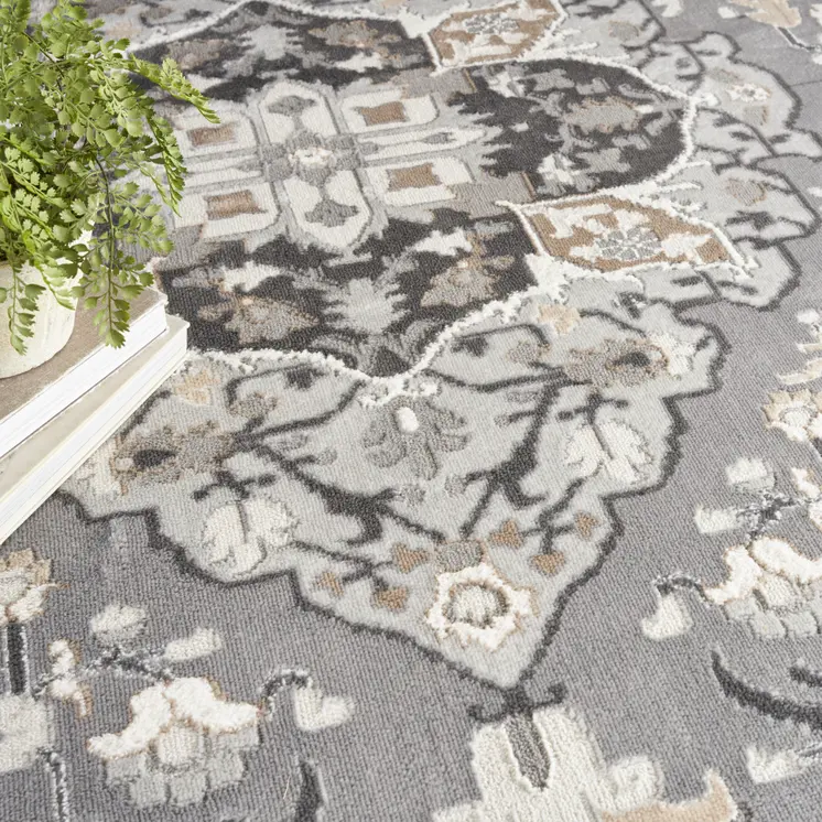 5' Ivory Black and Gray Floral Medallion Non Skid Round Rug