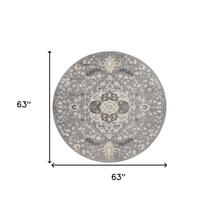 5' Ivory Black and Gray Floral Medallion Non Skid Round Rug