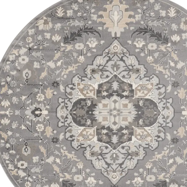 5' Ivory Black and Gray Floral Medallion Non Skid Round Rug