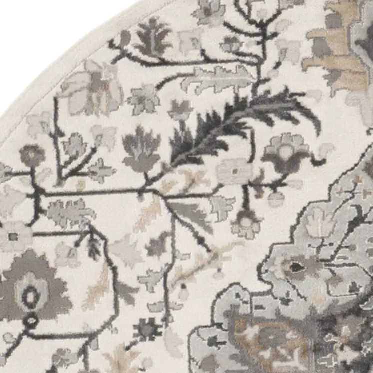 5' Ivory Black and Gray Floral Medallion Non Skid Round Rug