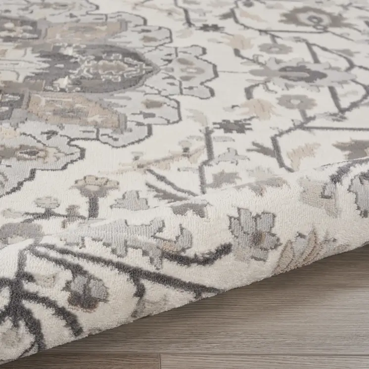 5' Ivory Black and Gray Floral Medallion Non Skid Round Rug