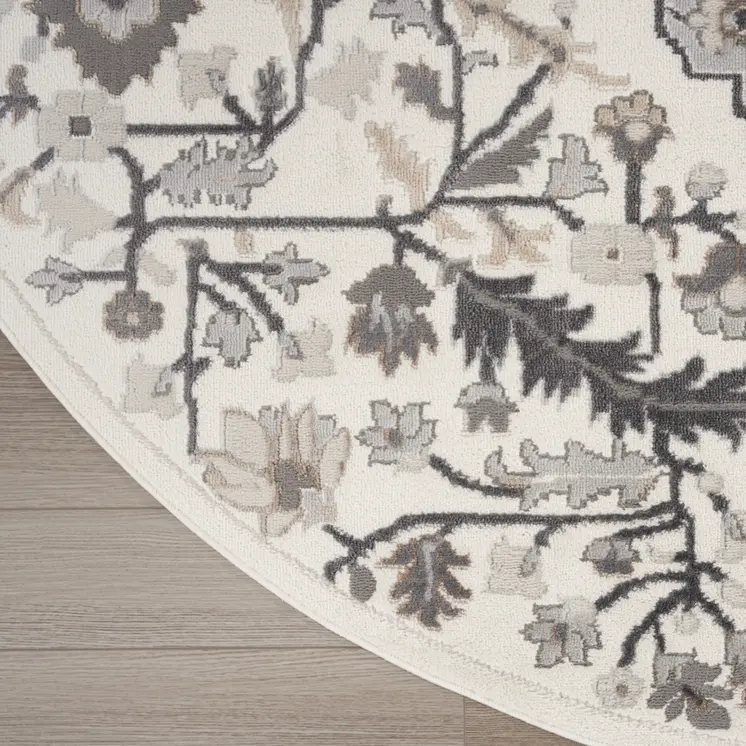 5' Ivory Black and Gray Floral Medallion Non Skid Round Rug