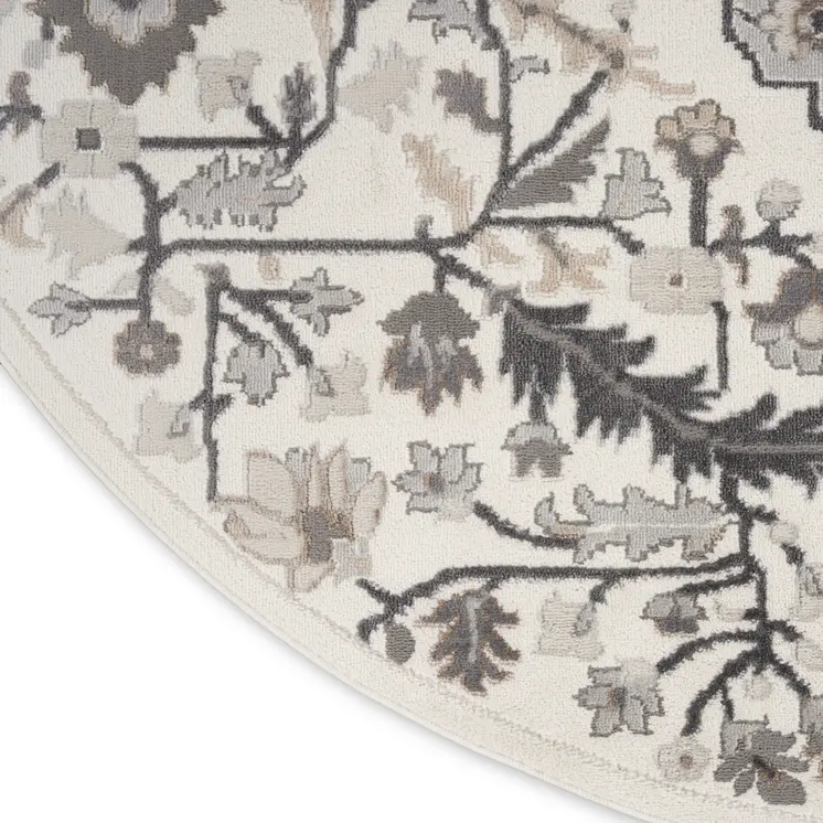 5' Ivory Black and Gray Floral Medallion Non Skid Round Rug