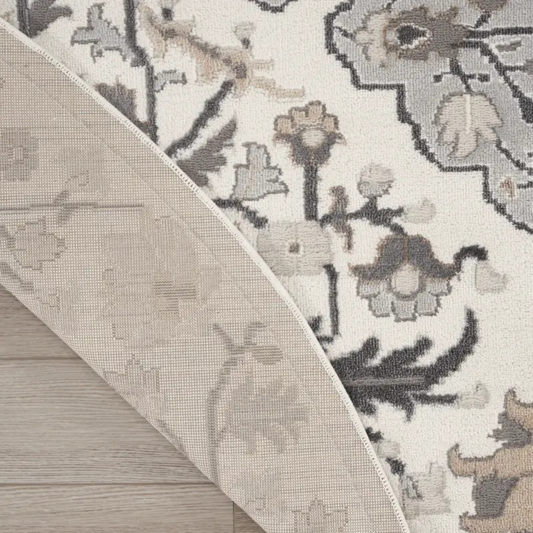 5' Ivory Black and Gray Floral Medallion Non Skid Round Rug