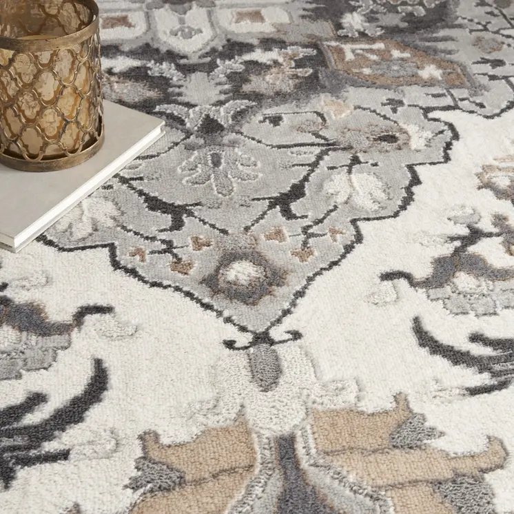 5' Ivory Black and Gray Floral Medallion Non Skid Round Rug