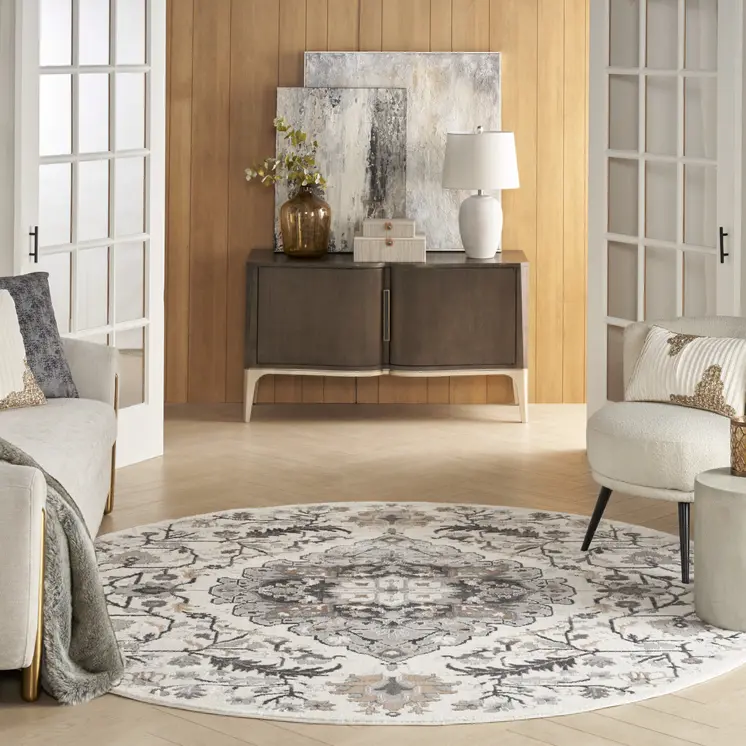 5' Ivory Black and Gray Floral Medallion Non Skid Round Rug