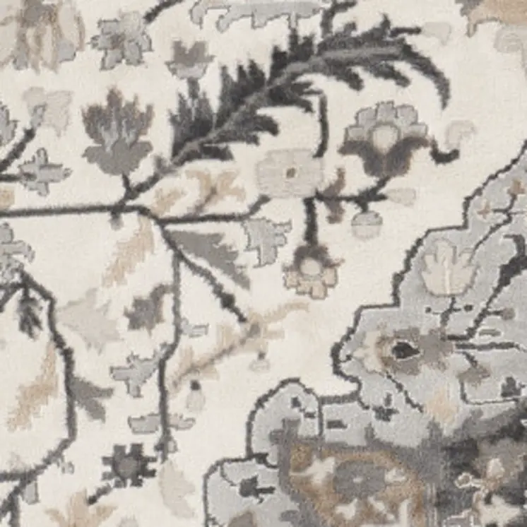 5' Ivory Black and Gray Floral Medallion Non Skid Round Rug