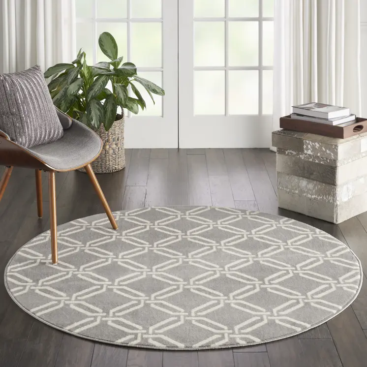 5' Gray and Beige Trellis Round Rug