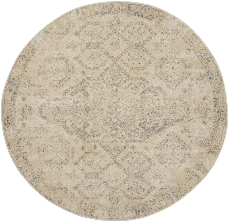 5' Beige And Gray Geometric Distressed Round Rug
