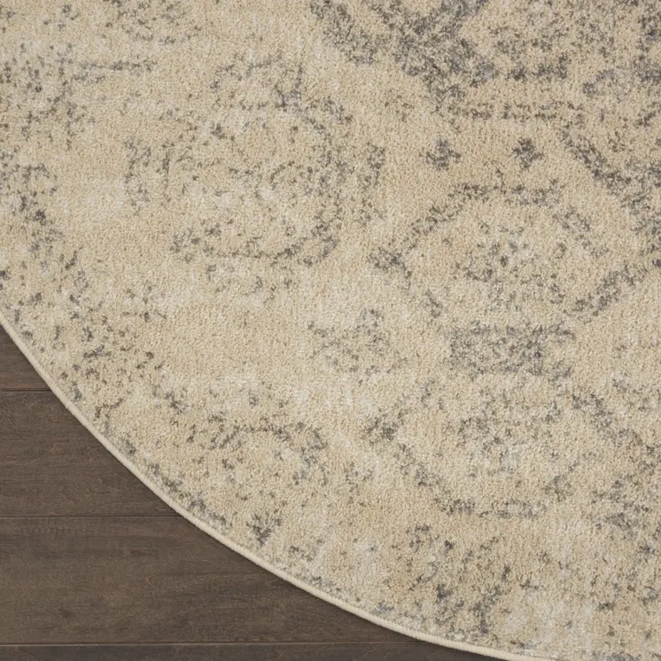 5' Beige And Gray Geometric Distressed Round Rug
