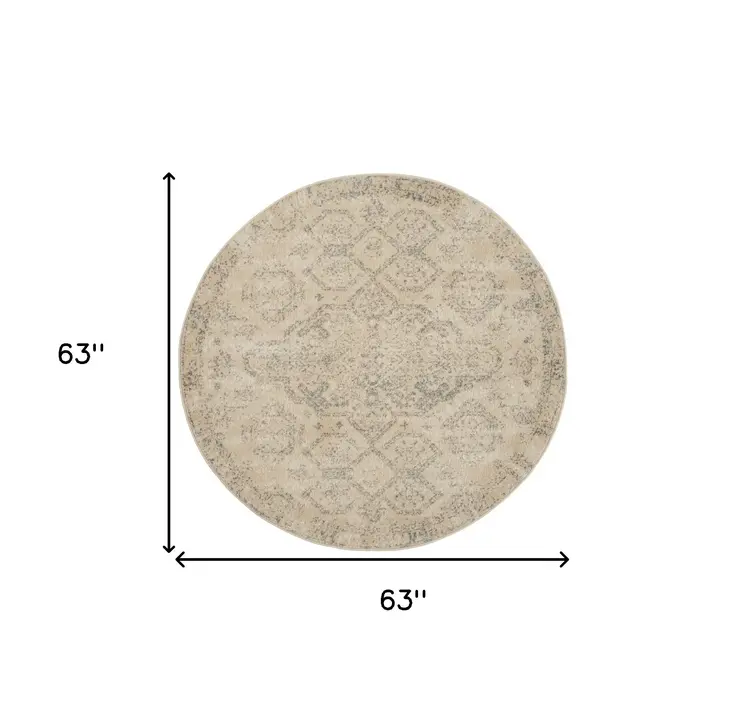 5' Beige And Gray Geometric Distressed Round Rug