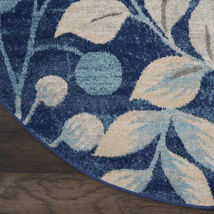 5' Navy Blue and Beige Botanical Leaves Round Rug