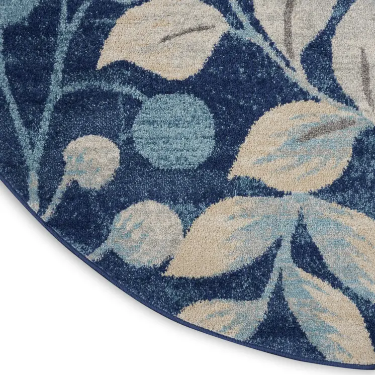 5' Navy Blue and Beige Botanical Leaves Round Rug