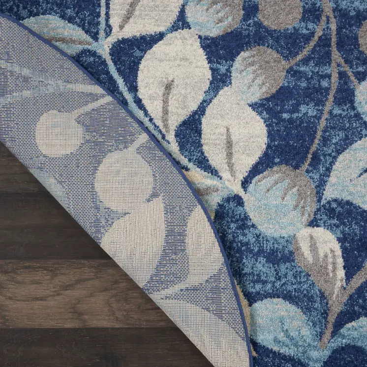 5' Navy Blue and Beige Botanical Leaves Round Rug