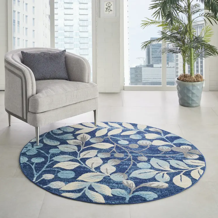5' Navy Blue and Beige Botanical Leaves Round Rug