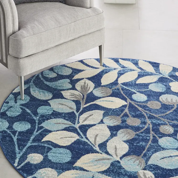 5' Navy Blue and Beige Botanical Leaves Round Rug
